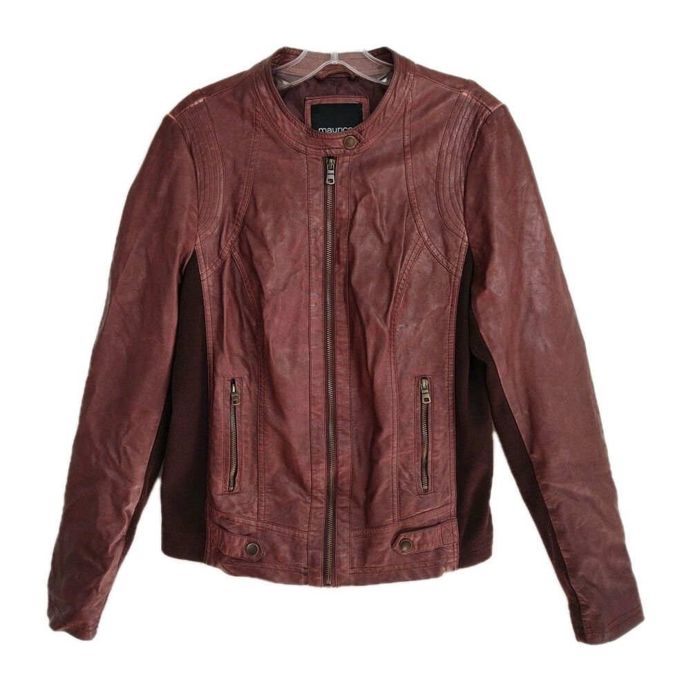 Maurices Faux Leather Moto Jacket Women's Size 0 Burgundy Full Zip‎